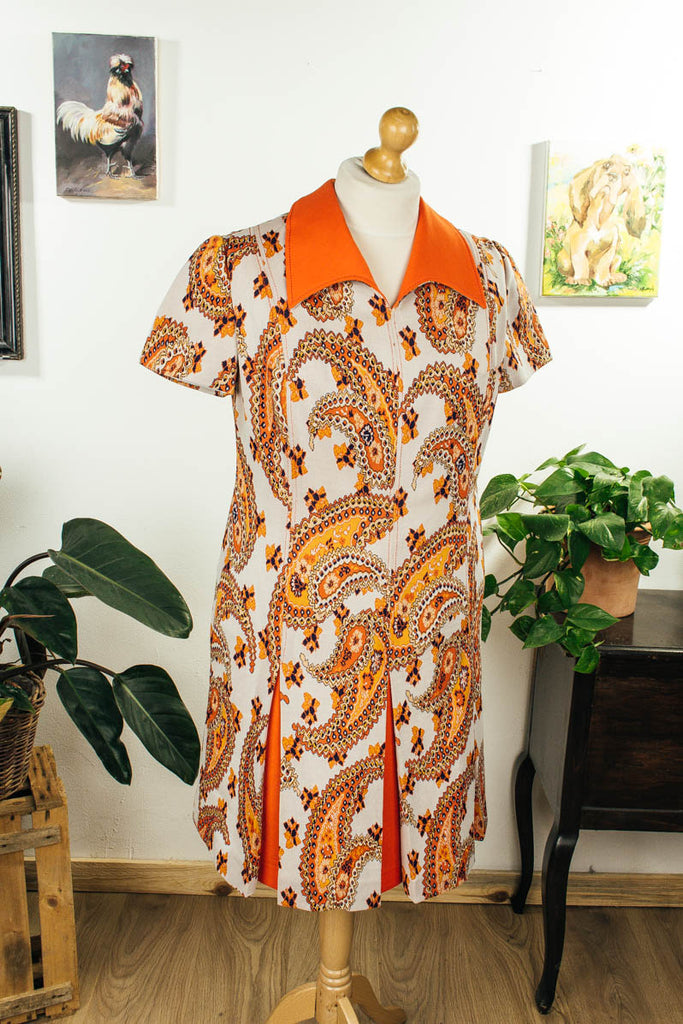 70er Schlagerkleid orange Muster Default Title 70er bunt Disco Frau L 44-46 orange real-disco Schlager Special vintageberlin.de