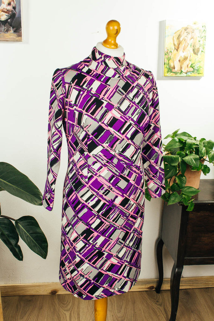 60s Disco Kleid lila kariert Default Title 60er 70er bunt Disco Frau lila M 40-42 real-disco Schlager Special vintageberlin.de