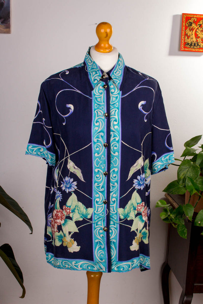Vintage Cupro Bluse Muster Default Title 90er blau bunt Frau M 40-42 Special vintageberlin.de