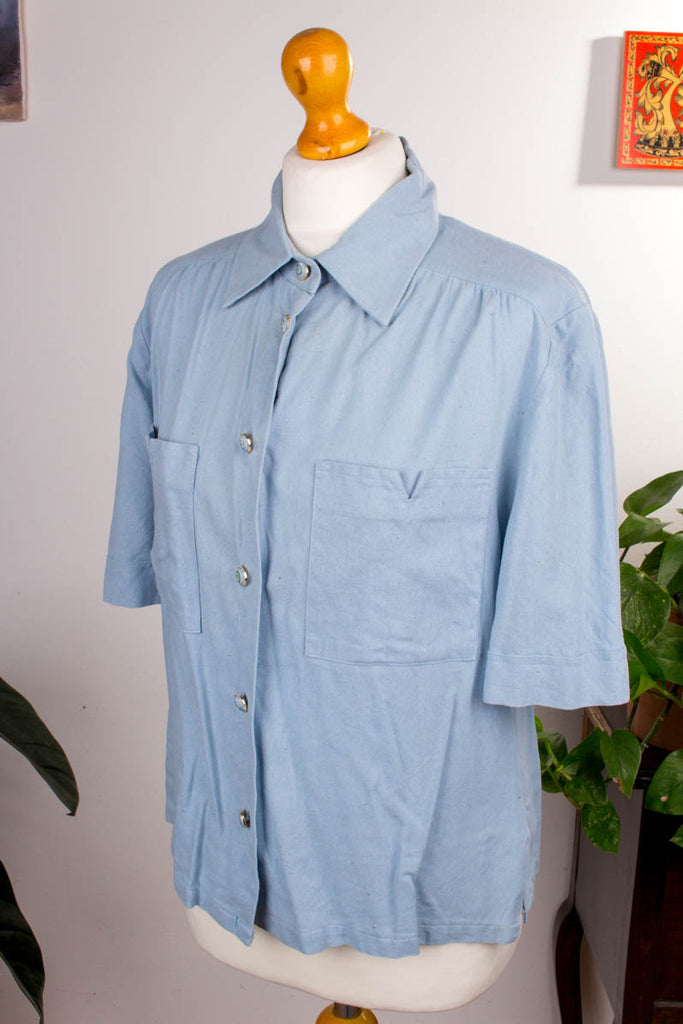 Peter Hahn Seidenbluse taubenblau Default Title 90er blau Frau M 40-42 Sekretärin vintageberlin.de