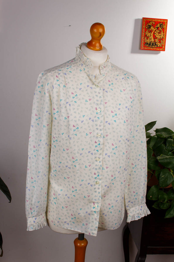 80s Rüschenbluse weiß Blümchen Default Title 80er bunt Frau L 44-46 Sekretärin weiß vintageberlin.de