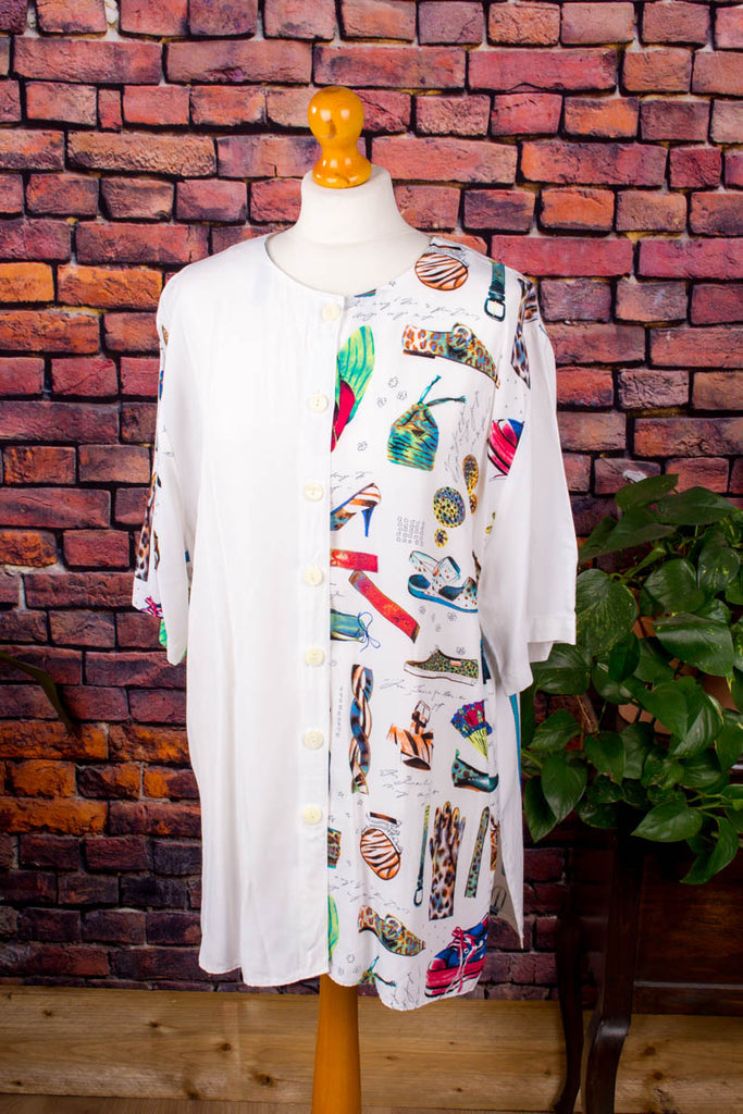90s Viskose Bluse Schuh-Muster Default Title 90er bunt Frau L 44-46 weiß vintageberlin.de