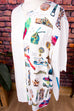 90s Viskose Bluse Schuh-Muster 90er bunt Frau L 44-46 weiß vintageberlin.de