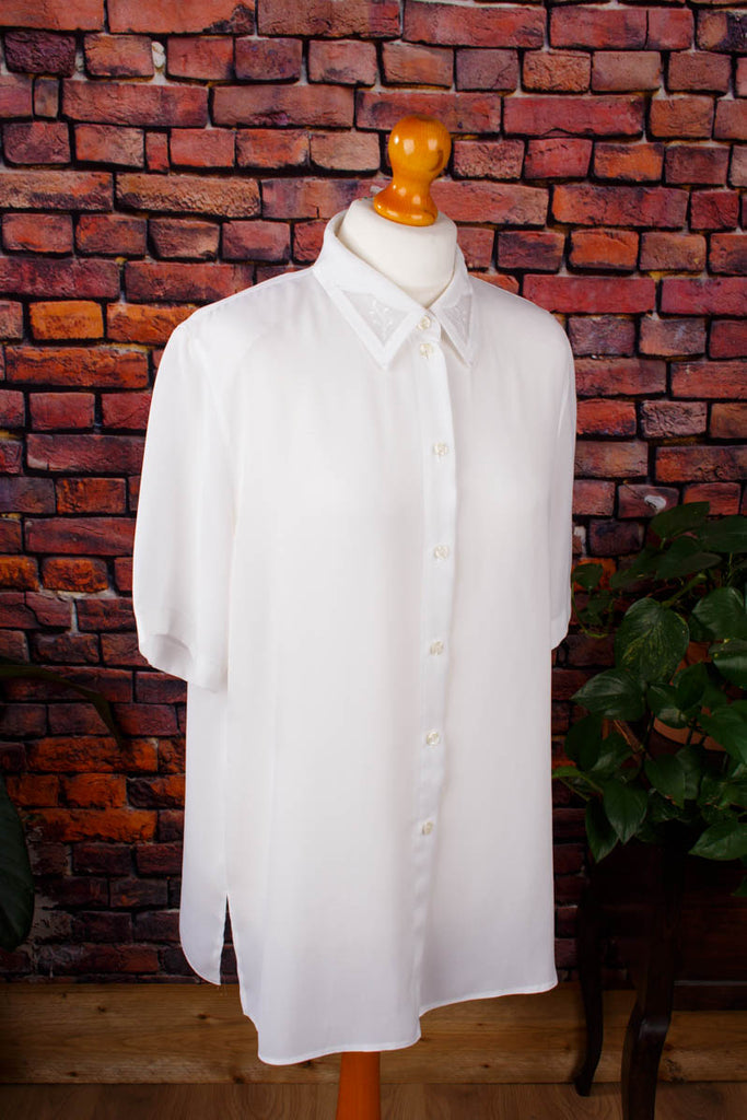Chiffon Bluse weiß halbtransprarent Default Title 90er Frau L 44-46 M 40-42 Rockabilly Sekretärin weiß vintageberlin.de