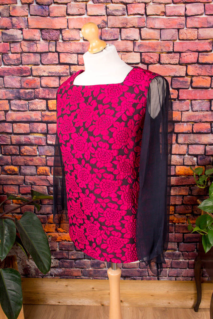 60s Brokat Top + Chiffonärmel Default Title 60er 70er Abendmode Boho Disco Frau M 40-42 pink real-disco Schlager schwarz Special vintageberlin.de