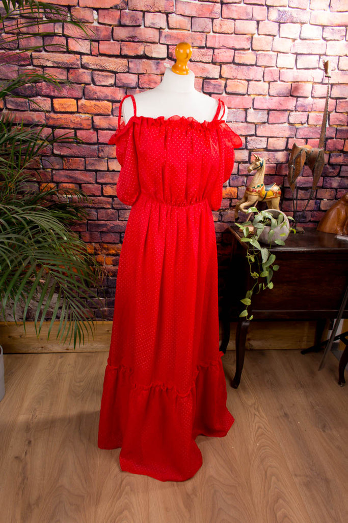 Chiffon Maxikleid rot Punkte Default Title 70er 80er Abendmode Boho Disco Frau rot S 36-38 Schlager Special vintageberlin.de
