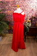 Chiffon Maxikleid rot Punkte 70er 80er Abendmode Boho Disco Frau rot S 36-38 Schlager Special vintageberlin.de