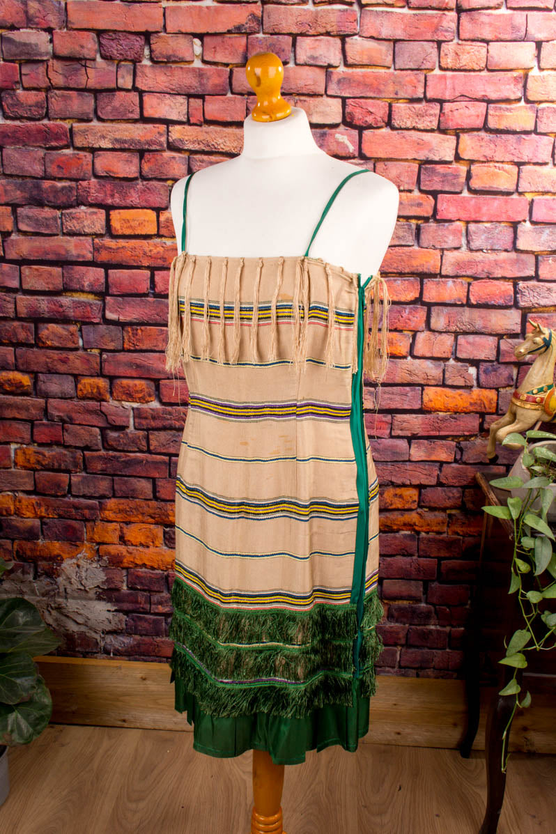 Vintage Flapper Fransenkleid beige grün