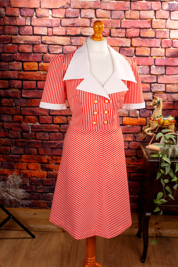 70s Schlagerkleid rot Streifen Default Title 60er 70er Disco Frau M 40-42 real-disco Rockabilly rot Schlager Special weiß vintageberlin.de