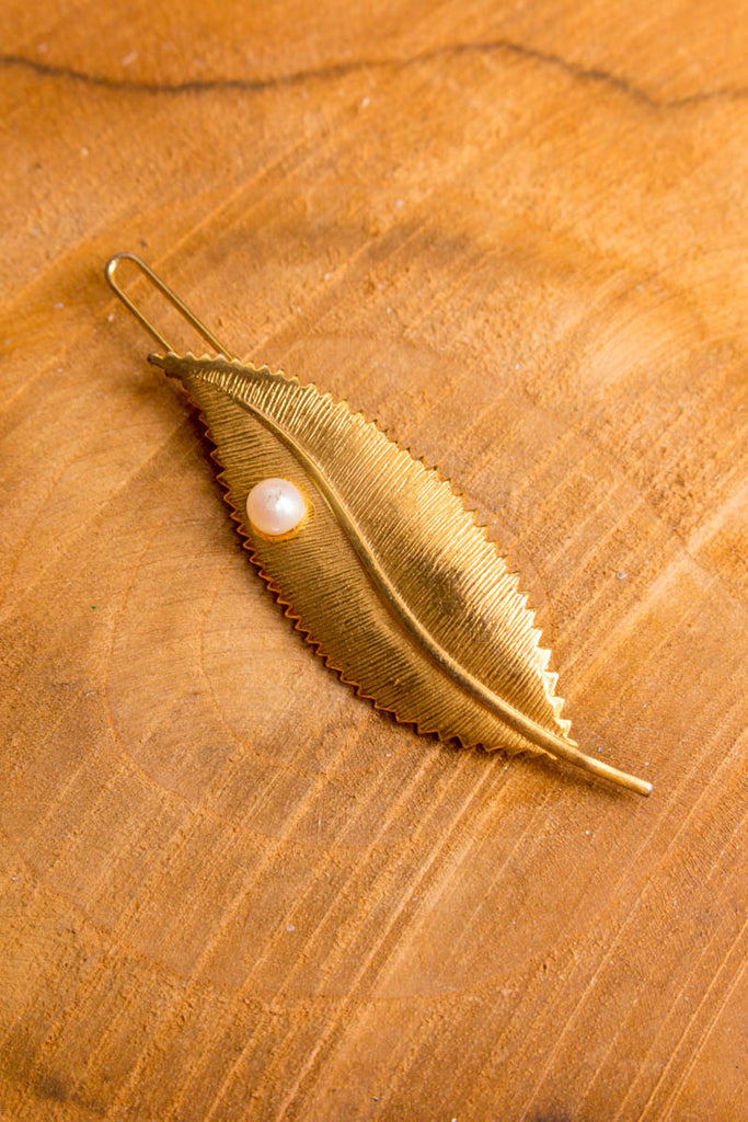 Haarspange Blatt gold+Perle Default Title 70er 80er Accessoires gold Ohrschmuck Schmuck vintageberlin.de