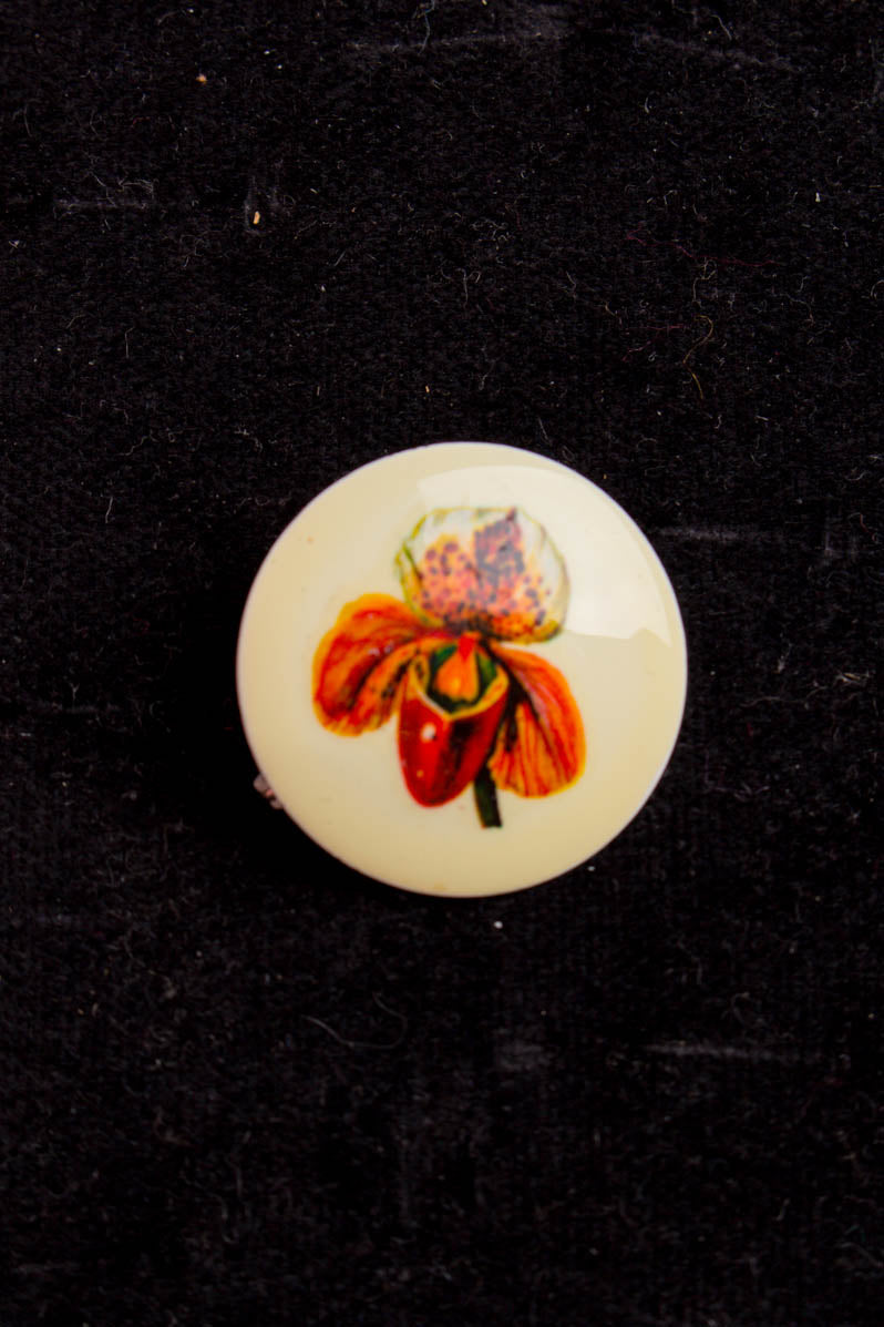 Vintage Brosche rund Orchidee Blume
