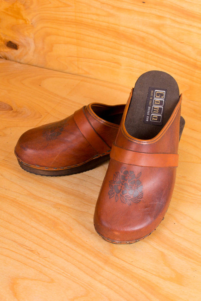 Vintage Holz Clogs Leder 60er 70er Boho braun Disco Frau Hippie Rockabilly Schlager Schuhe Special vintageberlin.de