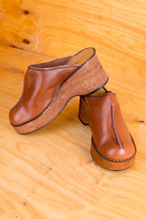 Vintage Kork Clogs Leder 39 40 60er 70er Boho braun Disco Frau Hippie Rockabilly Schlager Schuhe Special vintageberlin.de